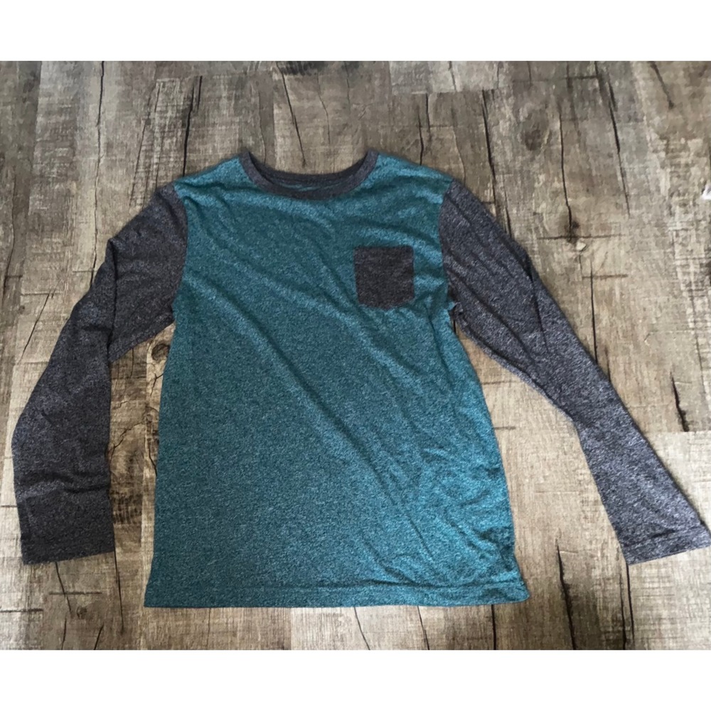 Basic Editions Boys XL 14/16 Long Sleeve Pocket Tee Heather Teal Gray Shirt